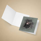 Greeting card with a black pug dog illustration on a beige background