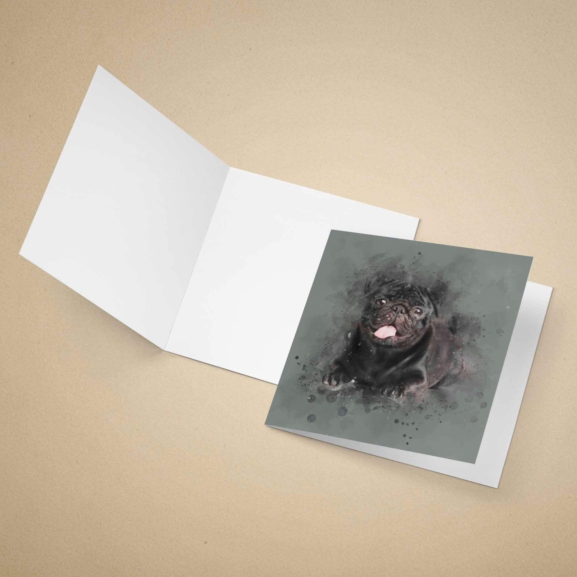 Greeting card with a black pug dog illustration on a beige background