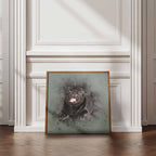 Framed artwork of a pug on a wall with decorative molding.