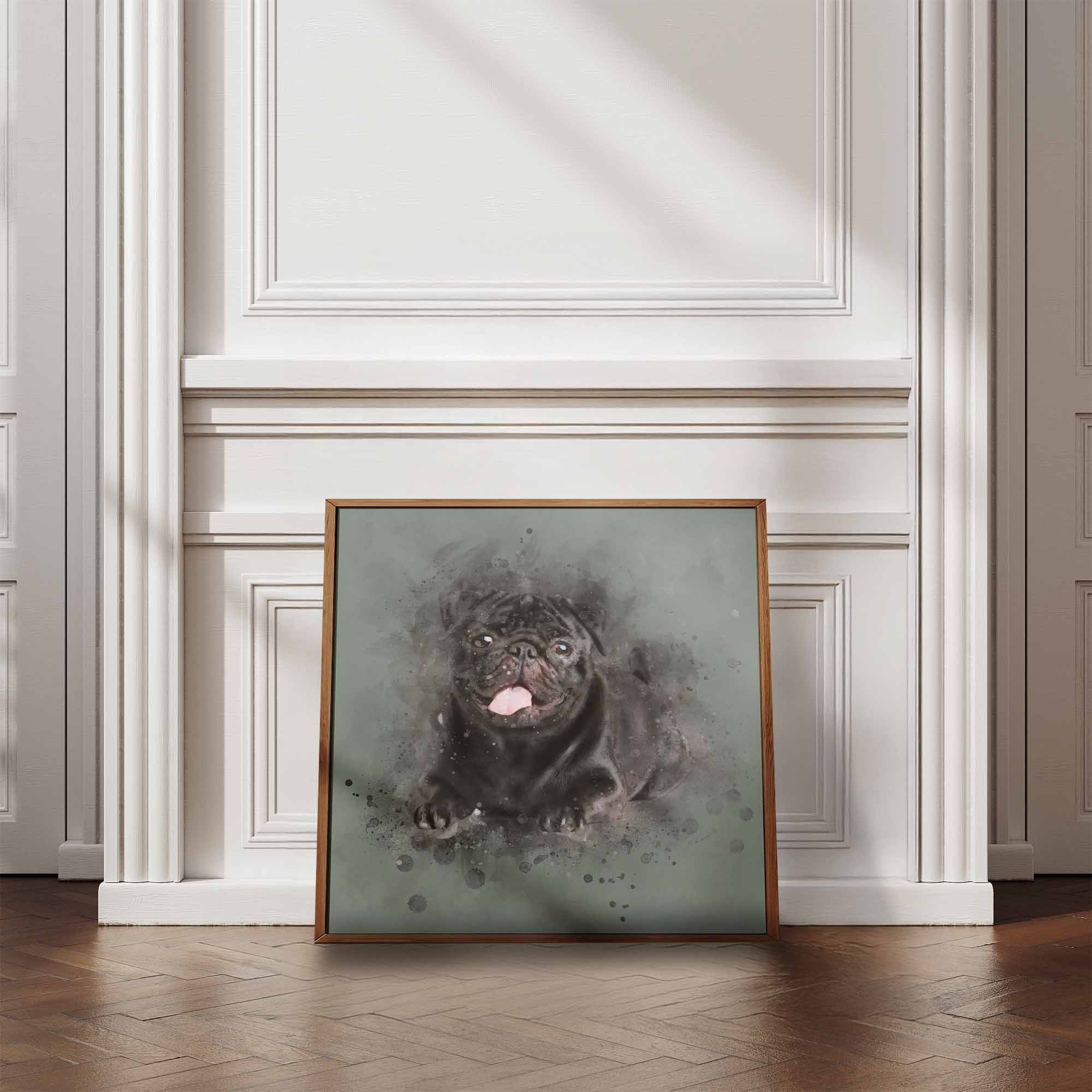 Framed artwork of a pug on a wall with decorative molding.