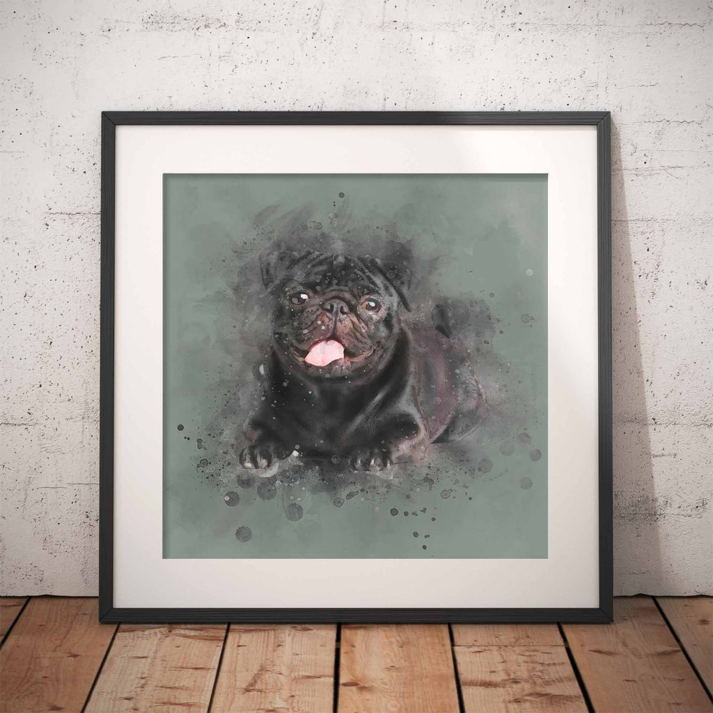 Framed artwork of a black pug on a green background, leaning against a textured wall.