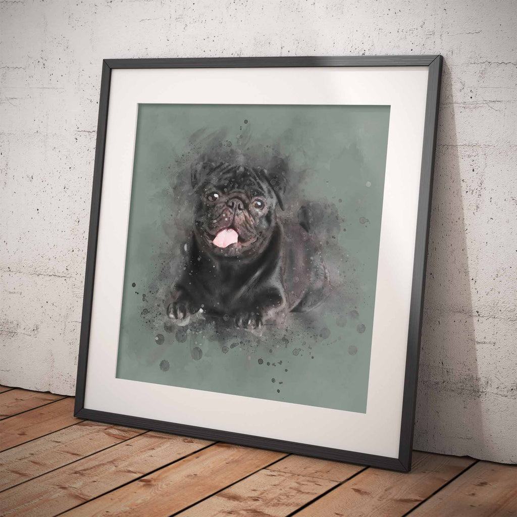 Framed artwork of a black pug on a green background against a white brick wall.
