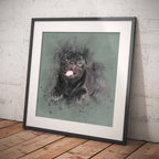Framed artwork of a black pug on a green background against a white brick wall.
