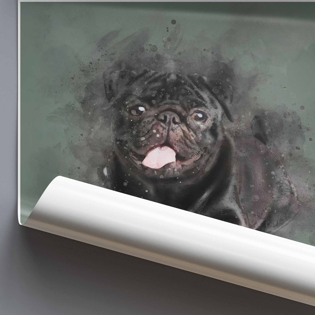 rolled poster with a black pug design on a green background