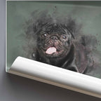 rolled poster with a black pug design on a green background