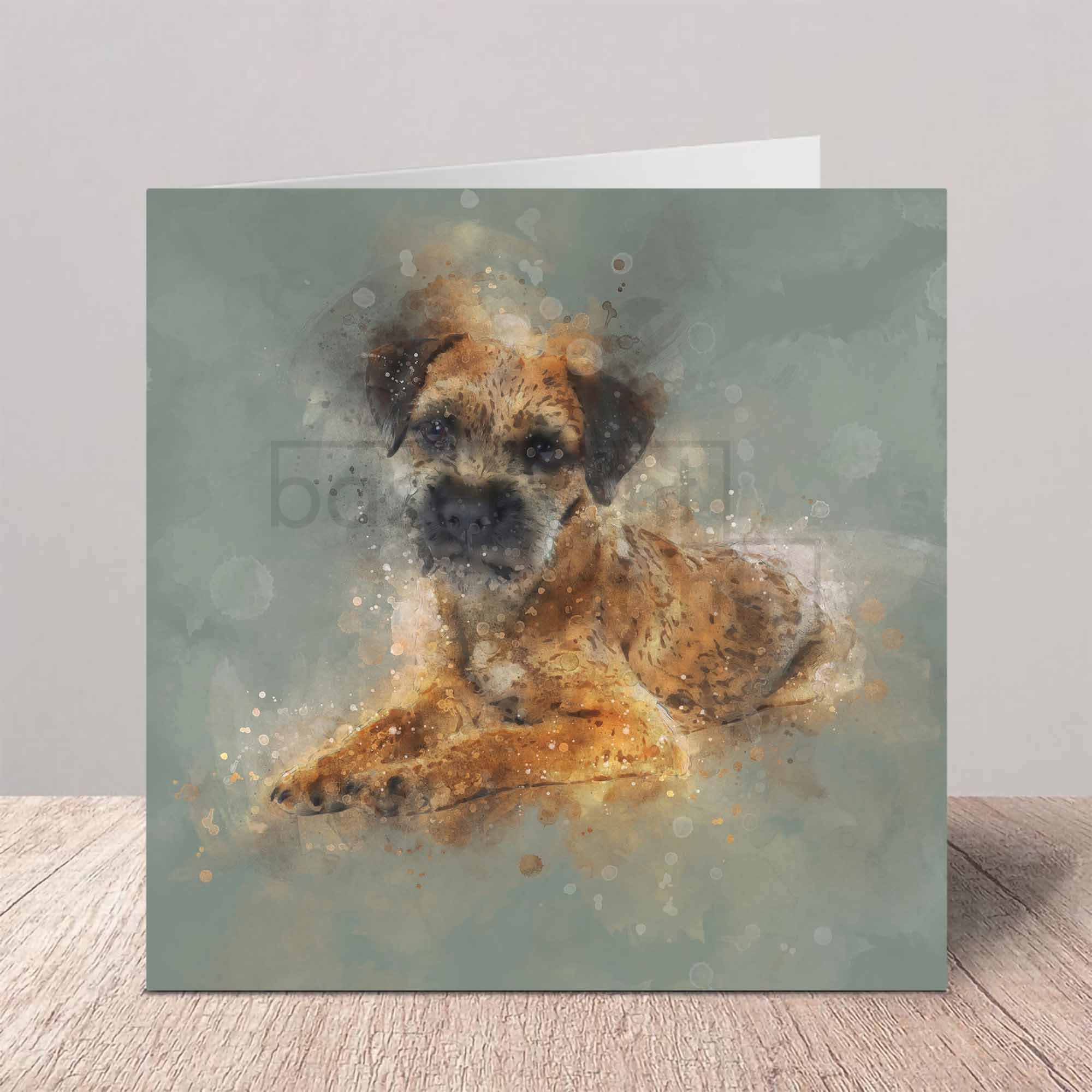 Greeting card with a watercolor illustration of a Border Terrier dog on a gray background