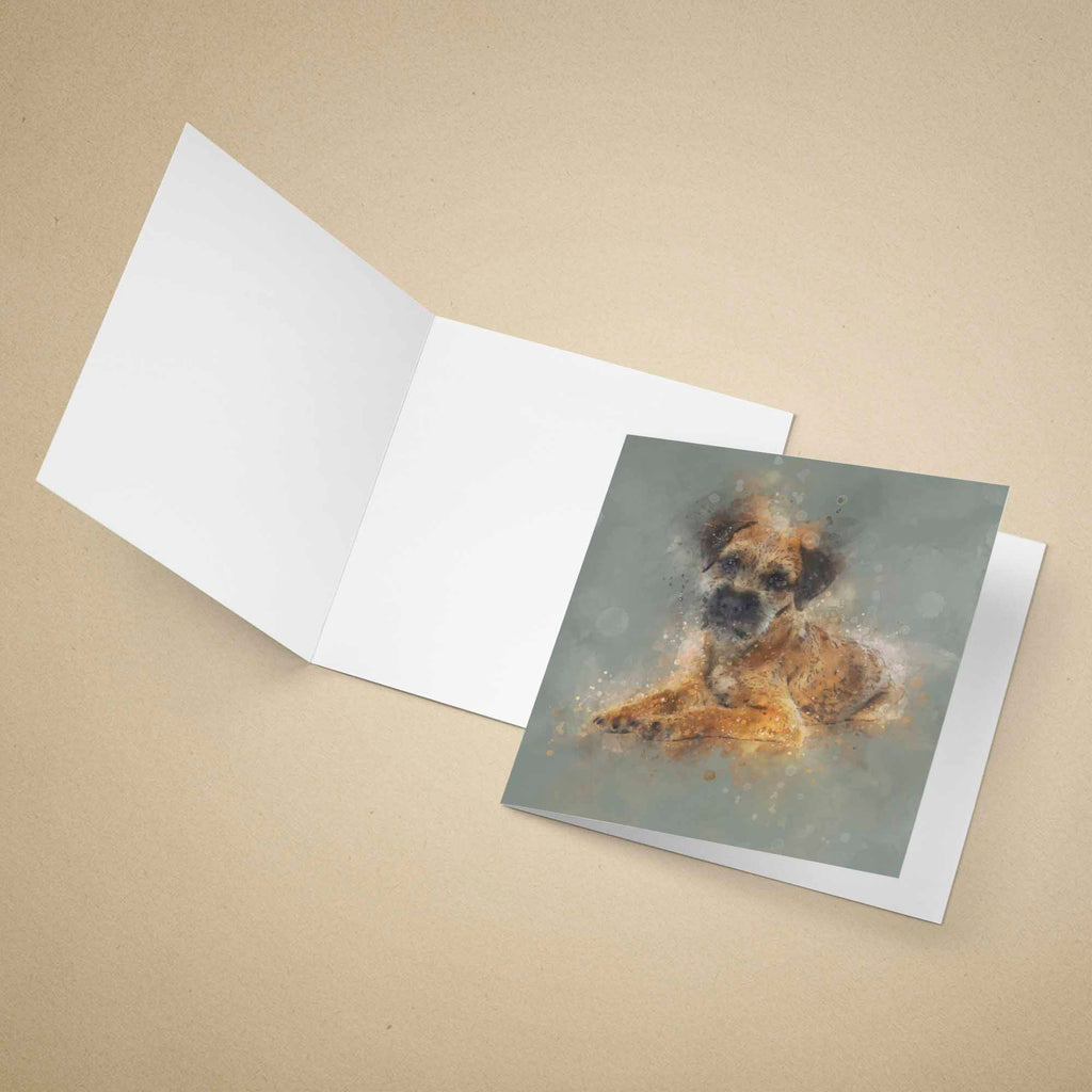 Greeting card with a Border Terrier dog illustration on a beige background