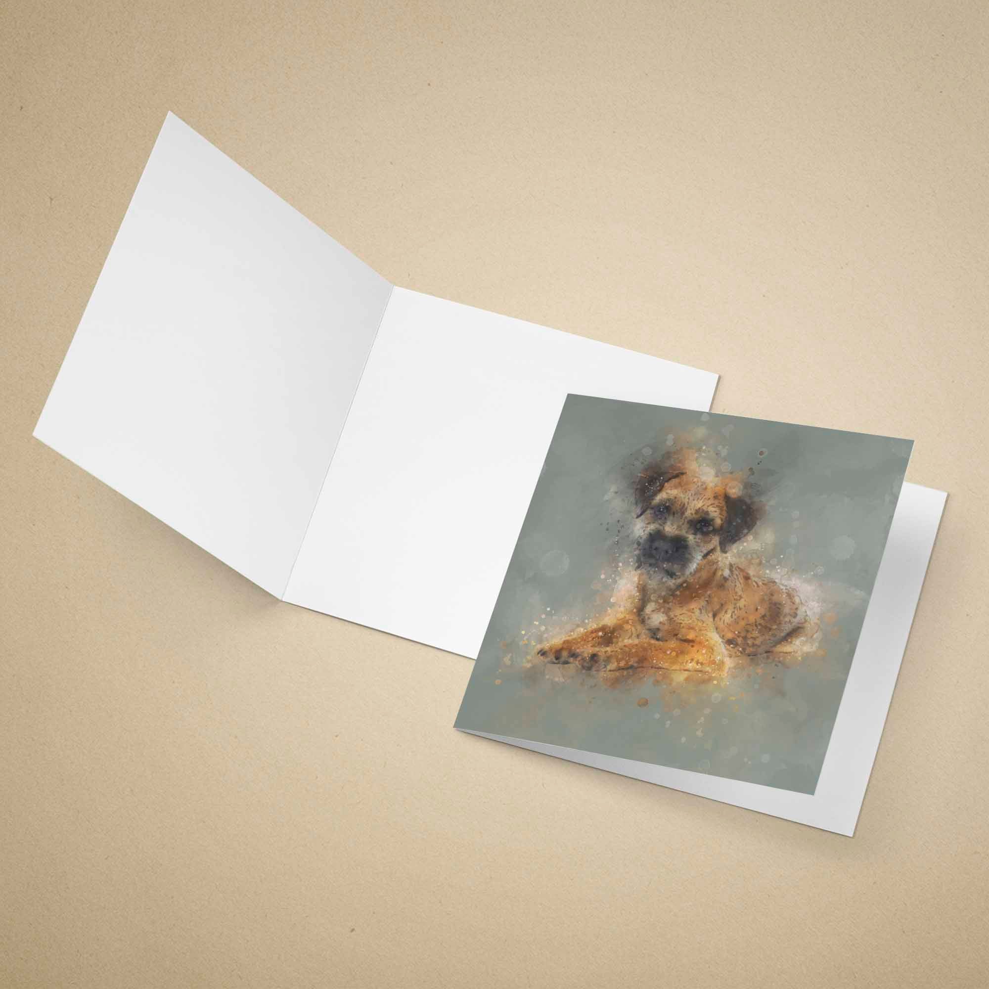 Greeting card with a Border Terrier dog illustration on a beige background
