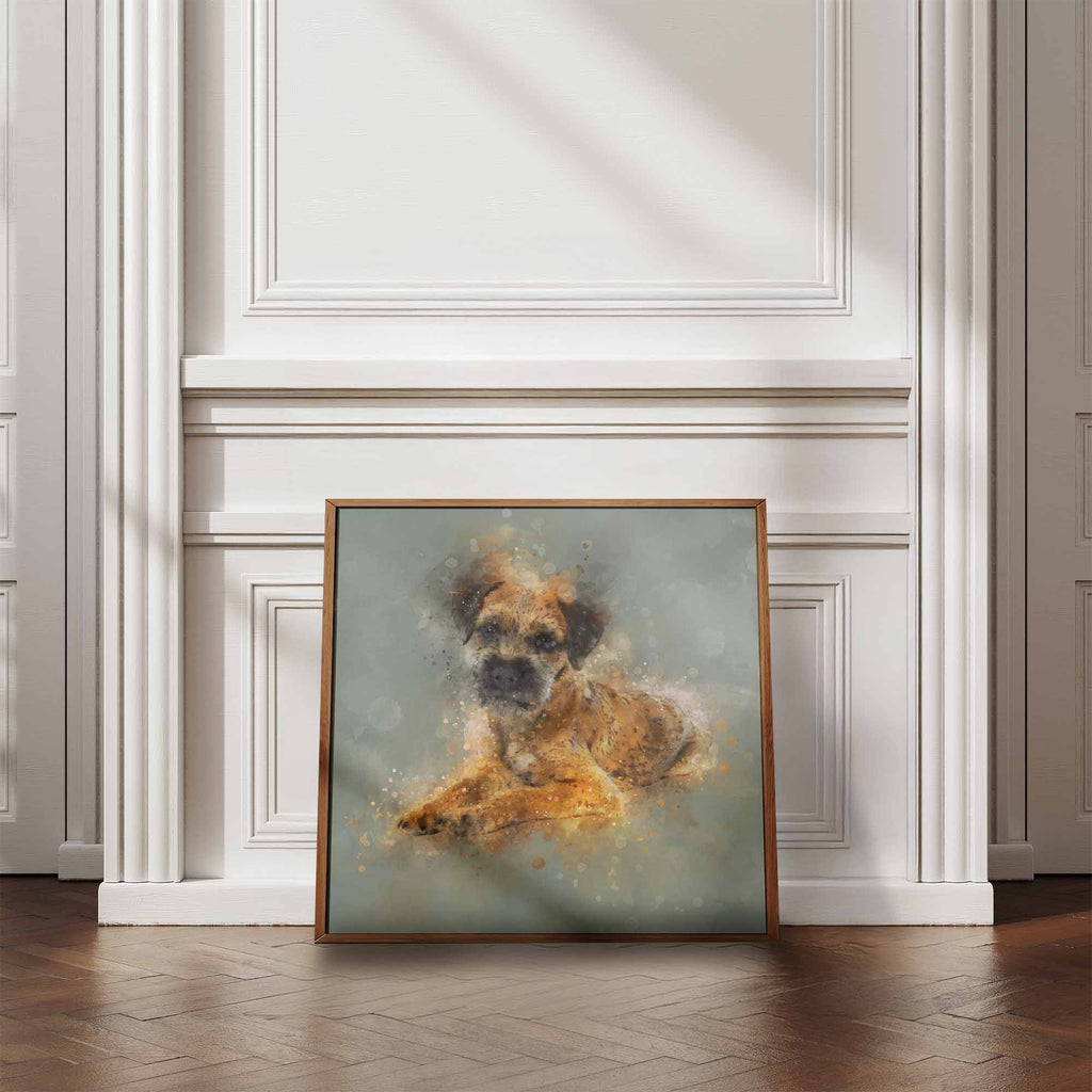 Framed painting of a Border Terrier dog on a wall with decorative molding