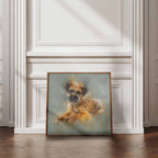 Framed painting of a Border Terrier dog on a wall with decorative molding