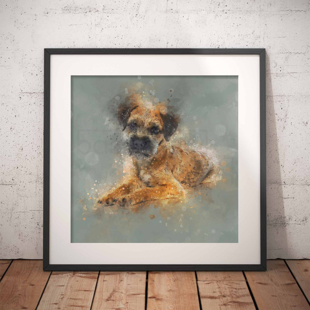 Framed artwork of a Border Terrier dog on a textured wall