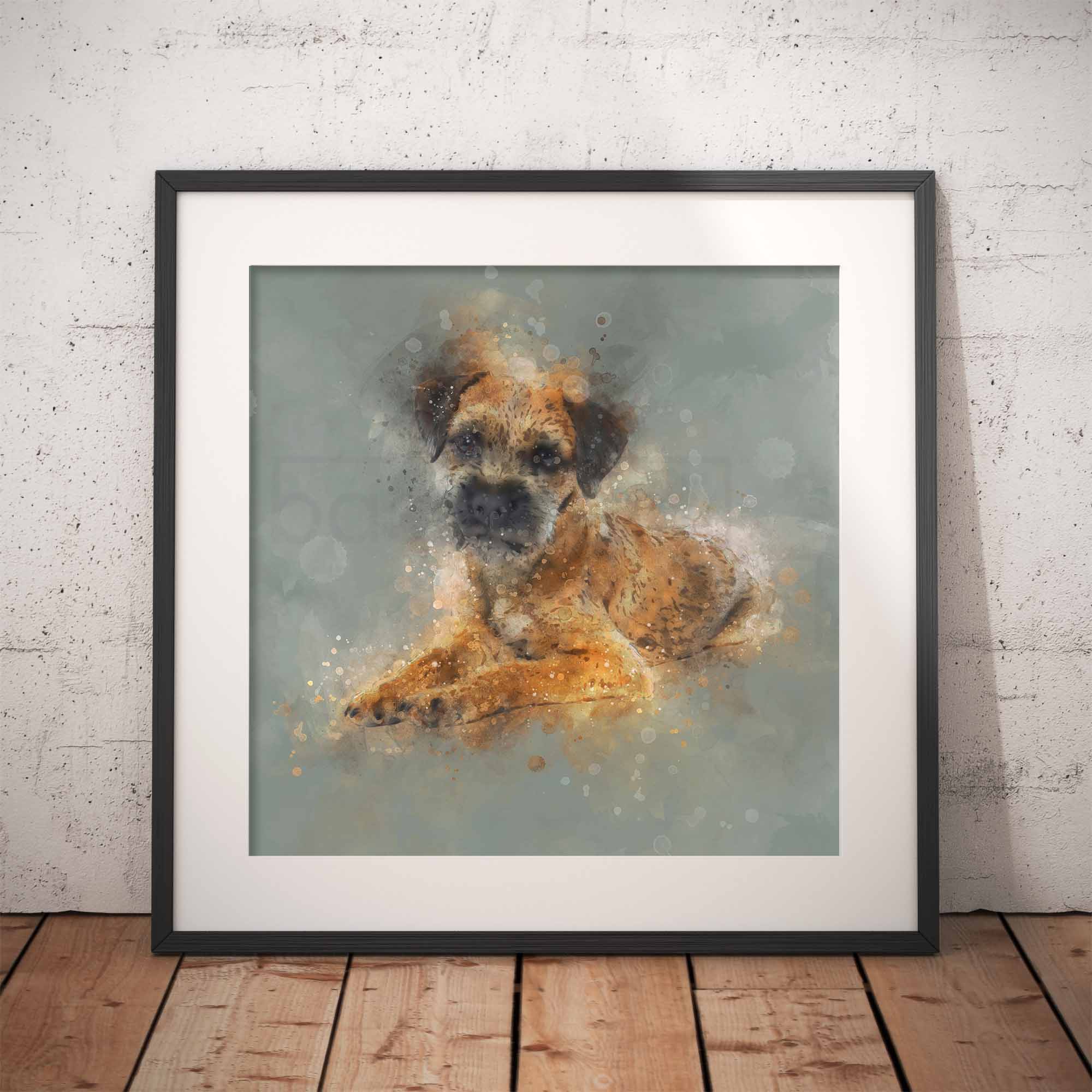 Framed artwork of a Border Terrier dog on a textured wall