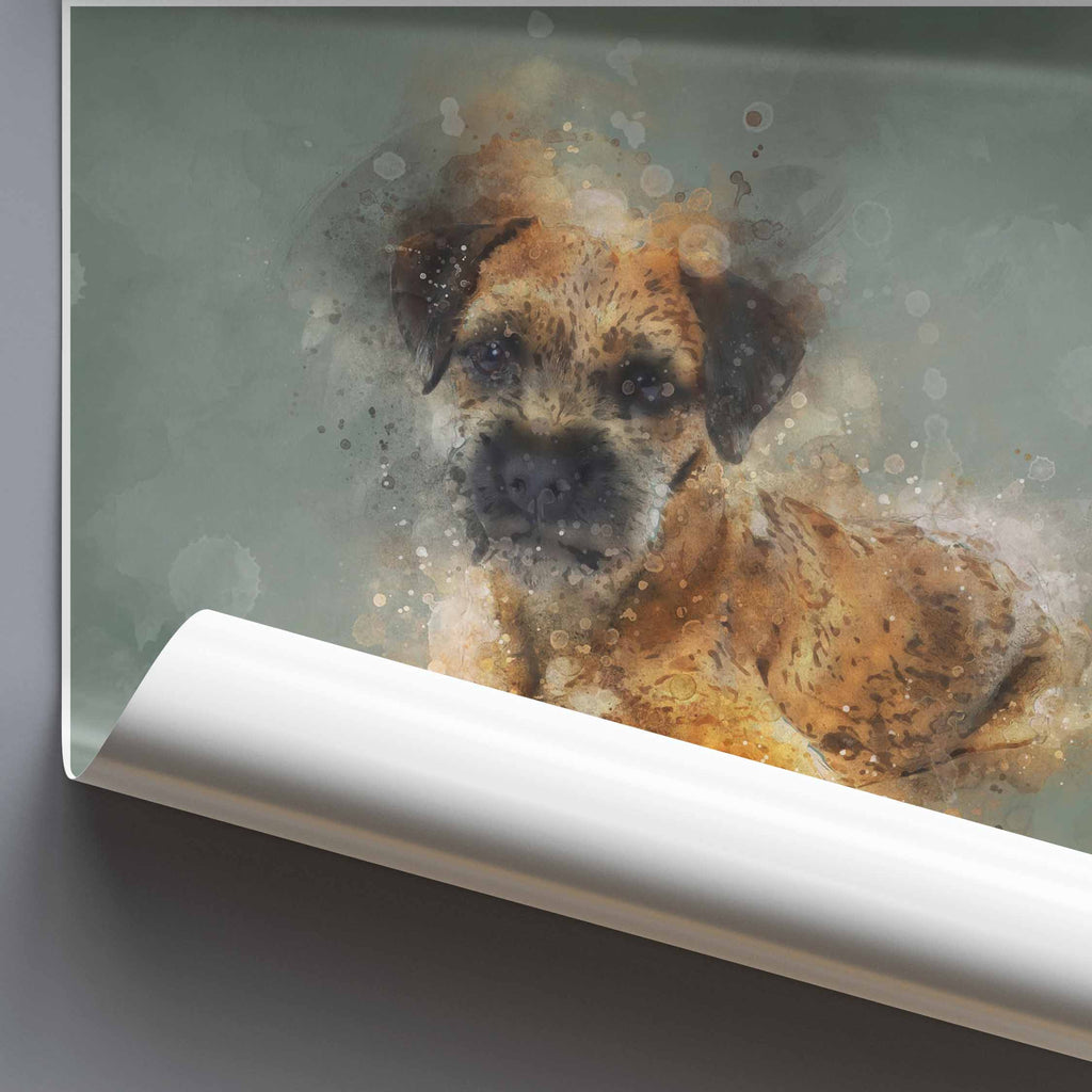 Roller poster artwork of a Border Terrier dog on a gray background