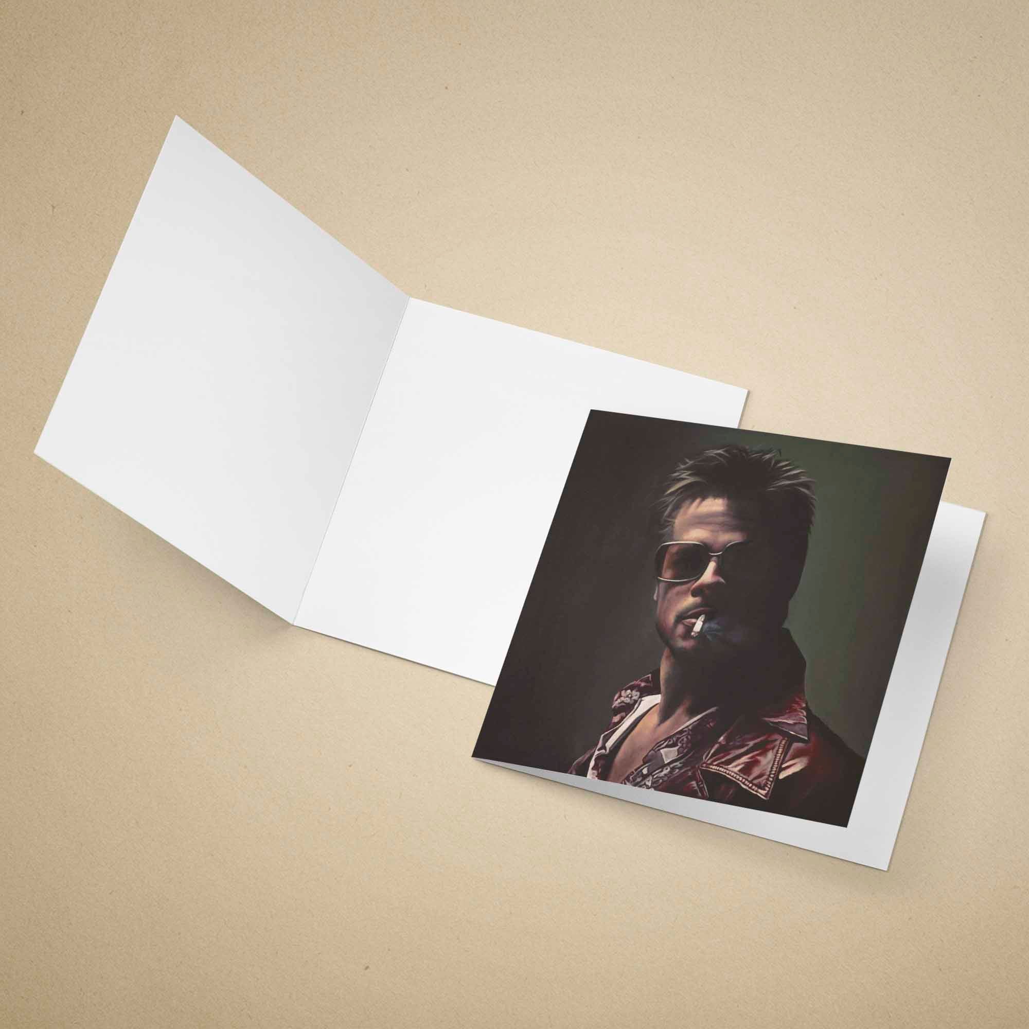 Greeting card with a portrait of Brad Pitt as Tyler Durden on a beige background