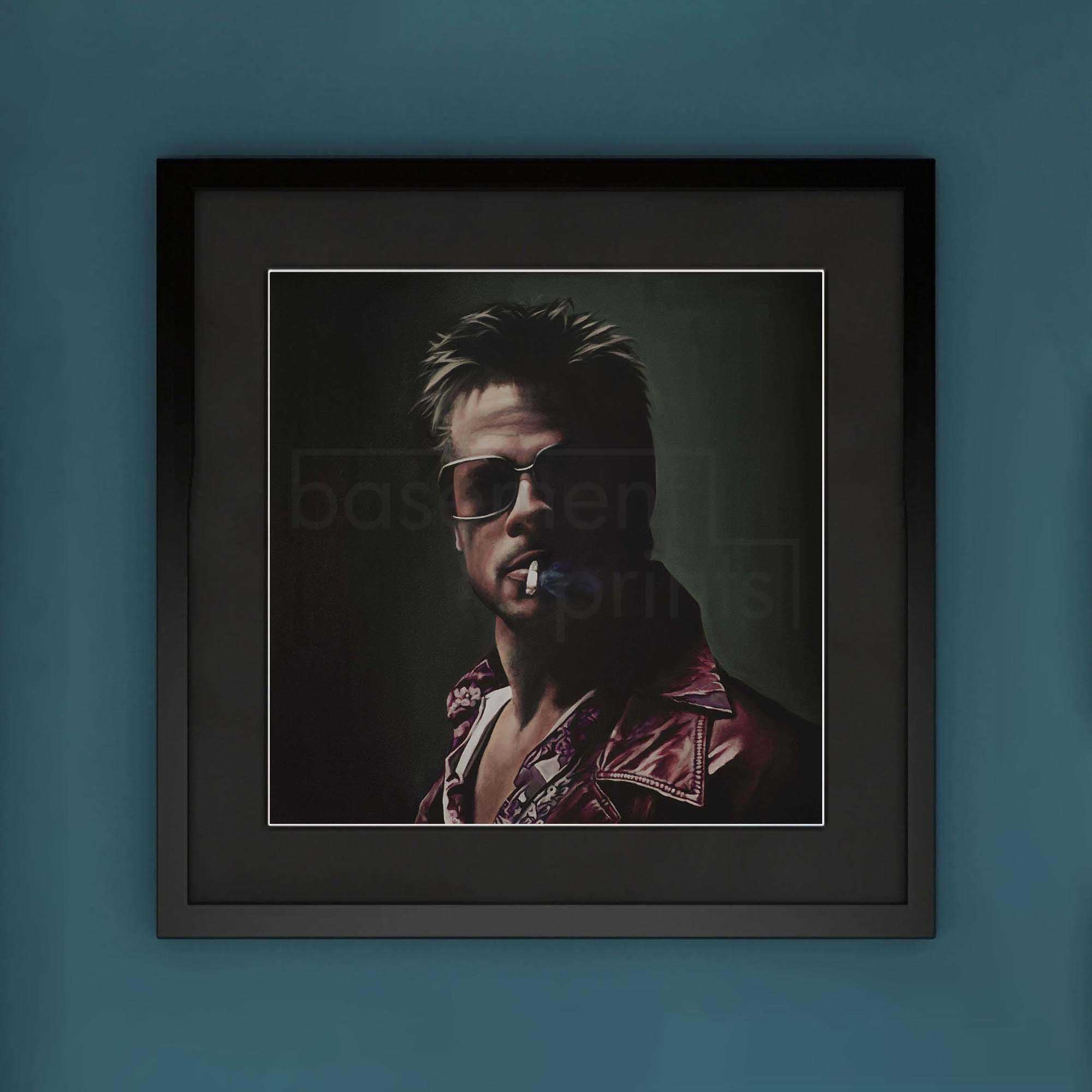 Framed artwork of Tyler Durden with sunglasses and a dark background