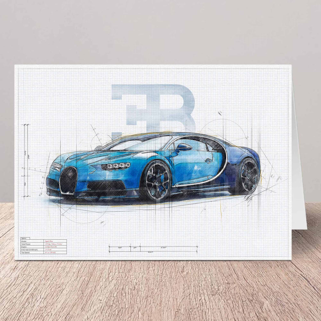 Greeting card of a Bugatti Chiron car design blueprint illustration on a wooden surface.