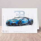Greeting card of a Bugatti Chiron car design blueprint illustration on a wooden surface.