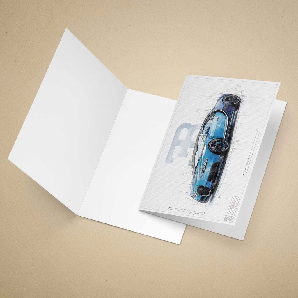 Open greeting card of a Bugatti Chiron Supercar illustration on a beige background