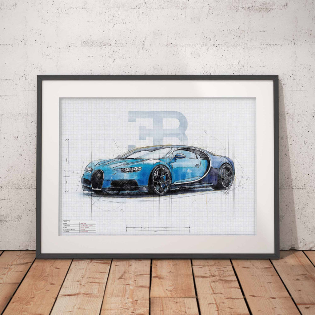 Framed poster of a Bugatti Chiron supercar design blueprint illustration on a white wall.