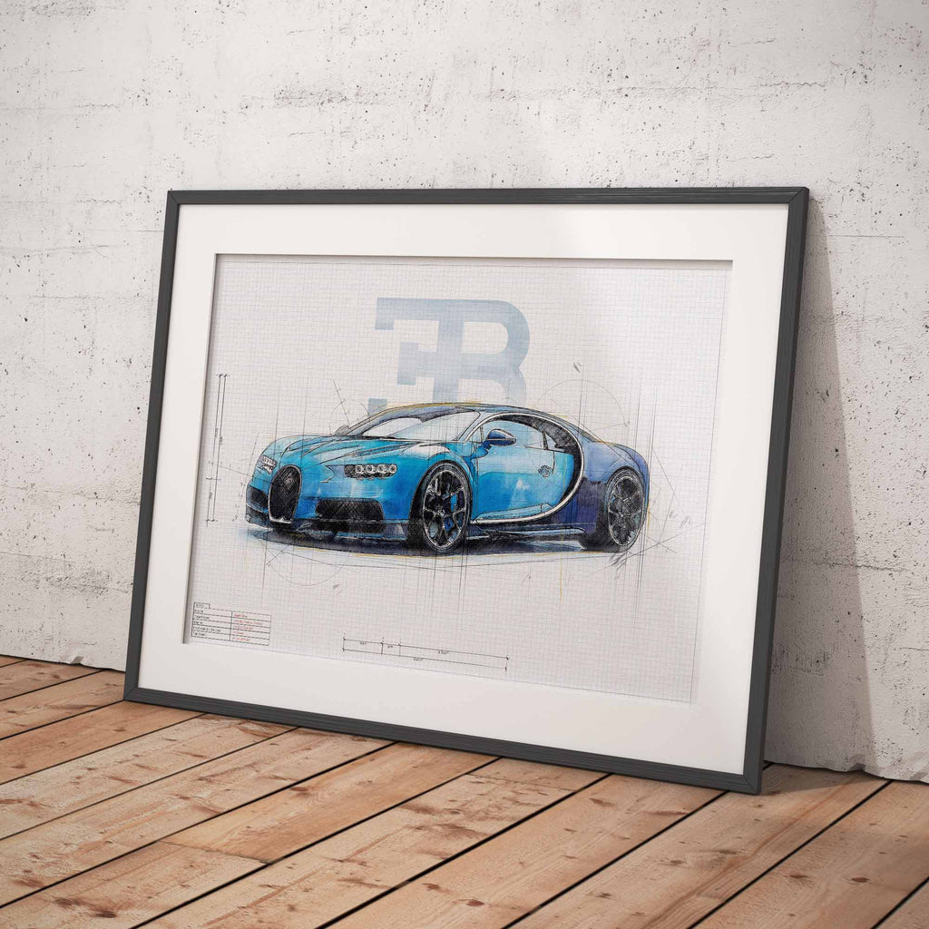 Framed Print of a Bugatti Chiron car design blueprint illustration on a white wall.