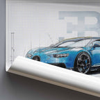 Rolled poster of a Bugatti Chiron car design blueprint illustration on a grey background.
