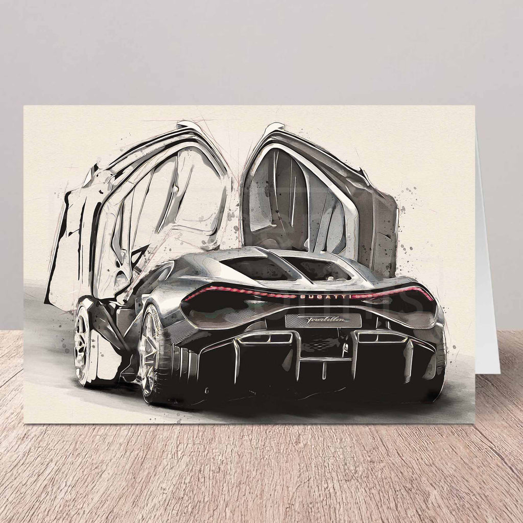 Artistic depiction of a Bugatti Tourbillon sports car with open doors on a textured surface.
