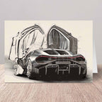 Artistic depiction of a Bugatti Tourbillon sports car with open doors on a textured surface.