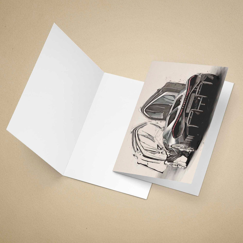 Greeting card of a Bugatti Tourbillon car on a beige background.