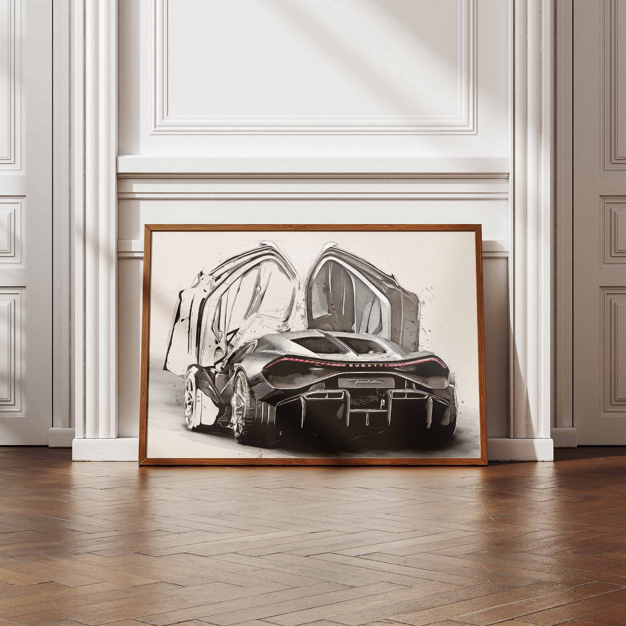 Framed print of a Bugatti Tourbillon car in a white panelled room with a wooden floor.