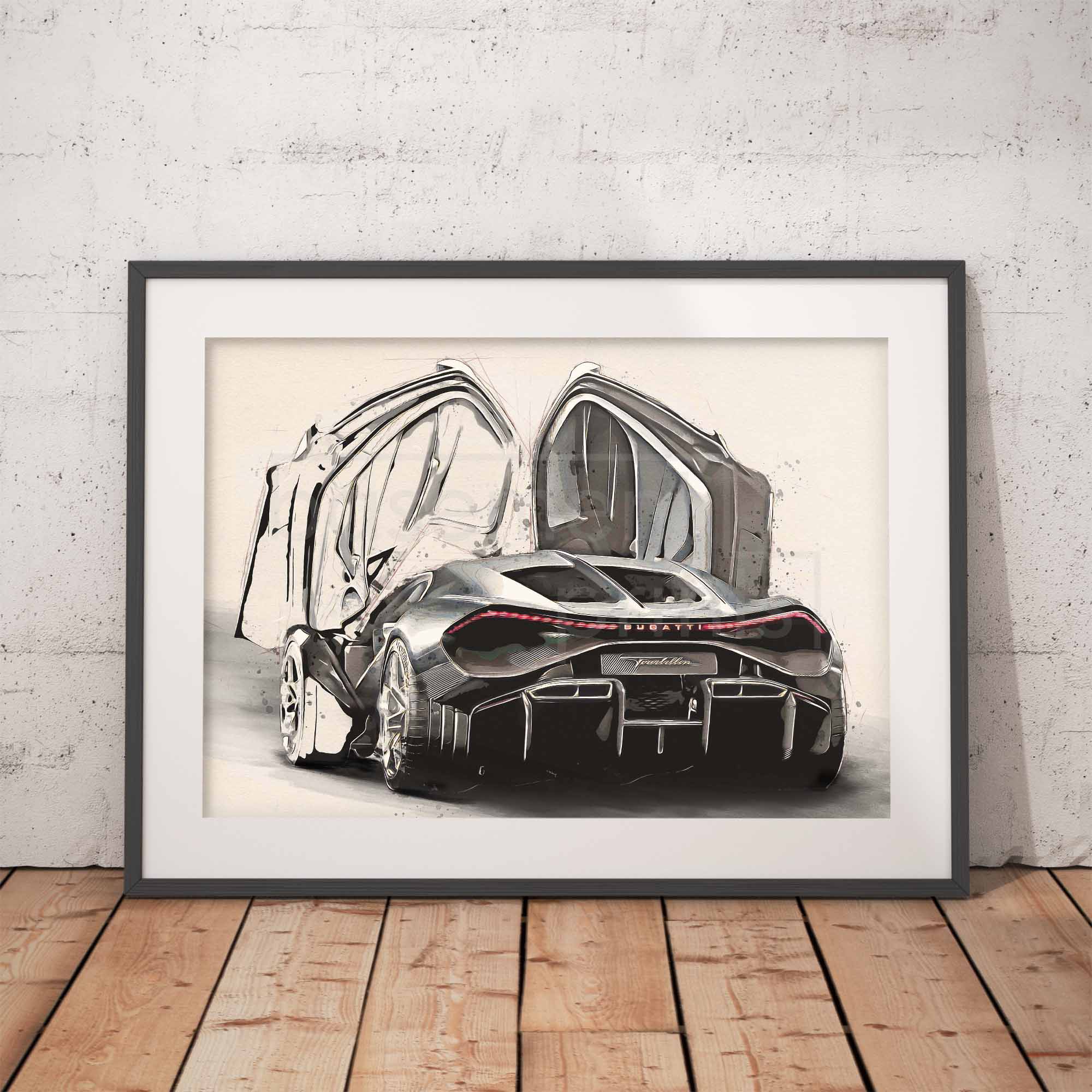 Framed print of a Bugatti Tourbillon car on a white background.