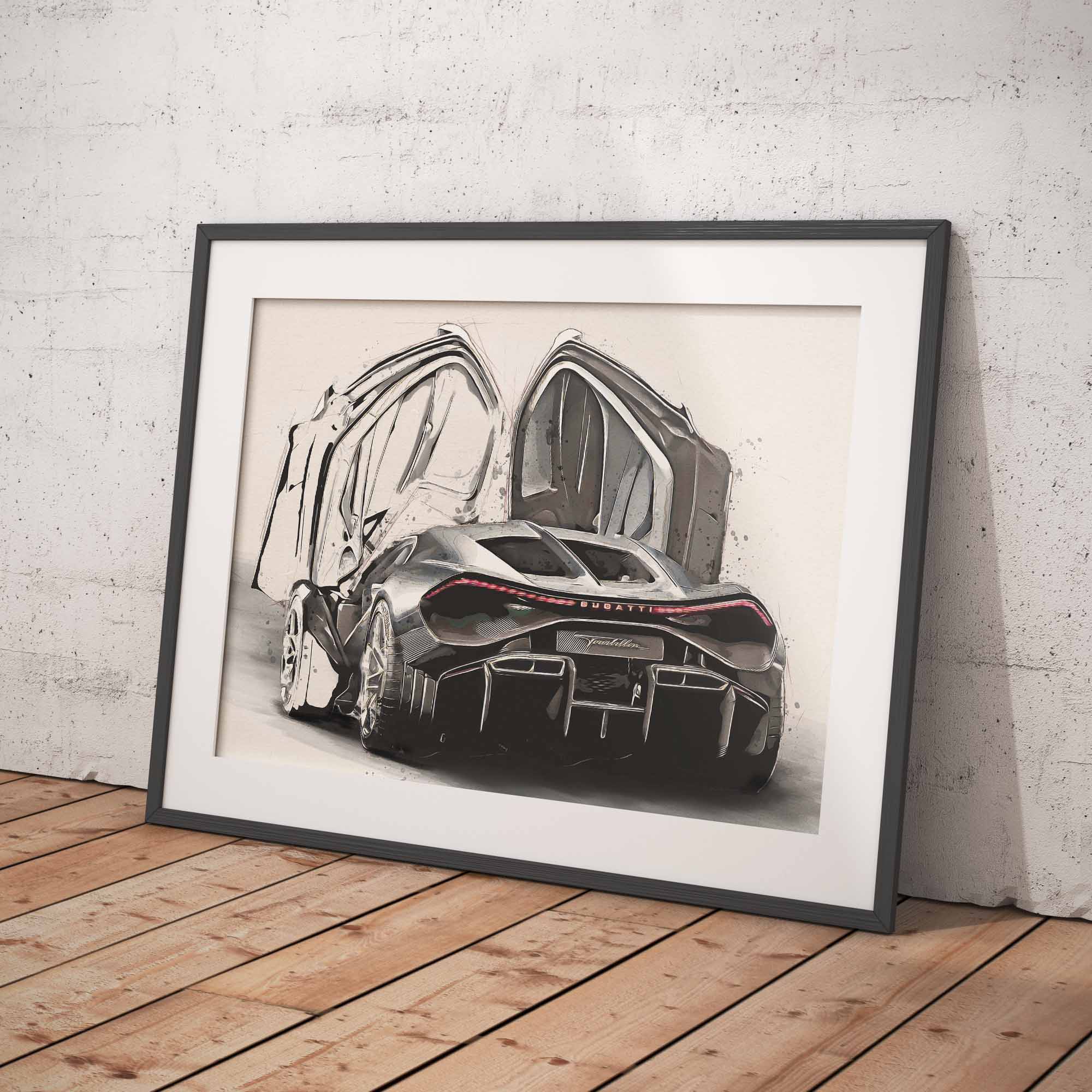 Framed poster of a Bugatti Tourbillon car on a white background with a wooden floor.