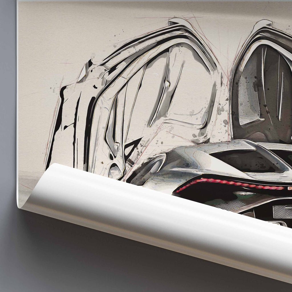 Poster of a Bugatti Tourbillon car on a grey background.