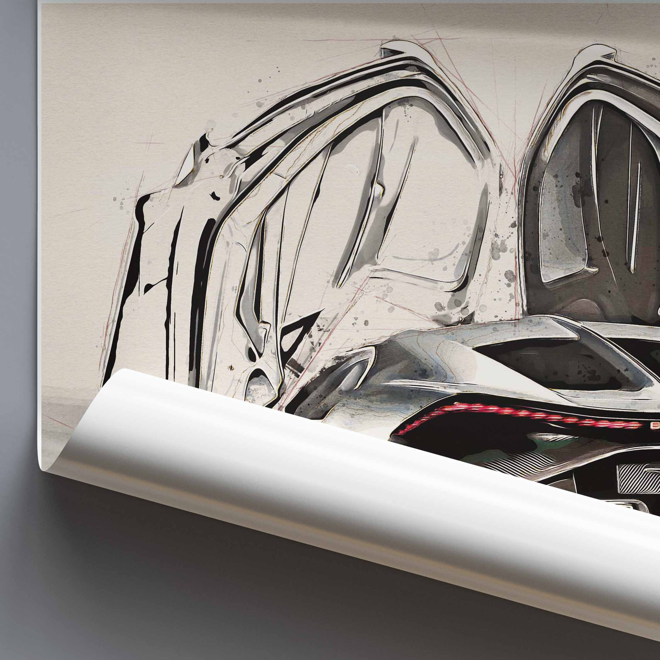 Poster of a Bugatti Tourbillon car on a grey background.