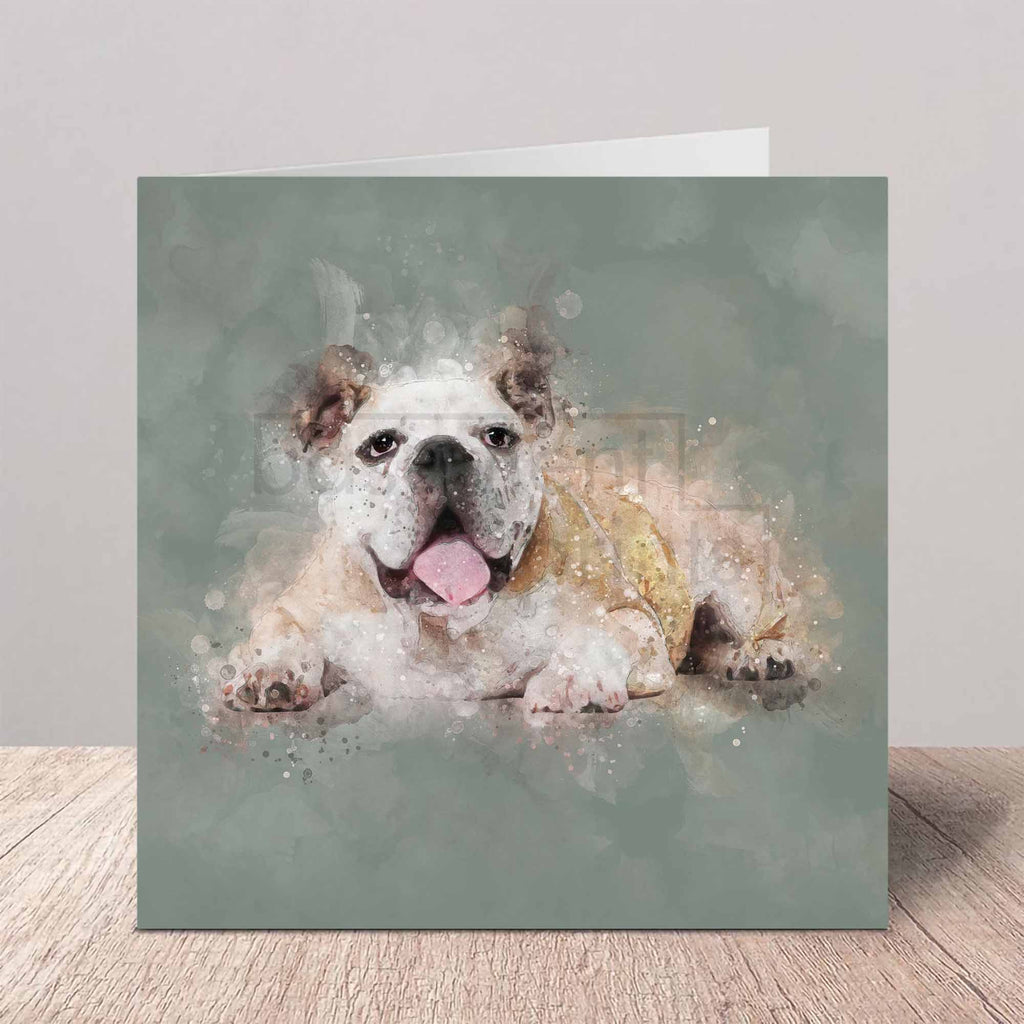 Greeting card with an English bulldog dog illustration on a white background