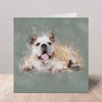 Greeting card with an English bulldog dog illustration on a white background