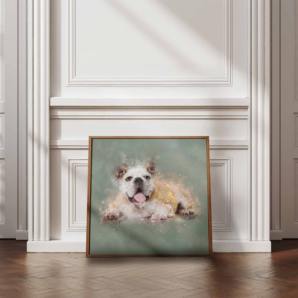 Framed artwork of an English bulldog dog on a wall in a room with wooden flooring and white walls.