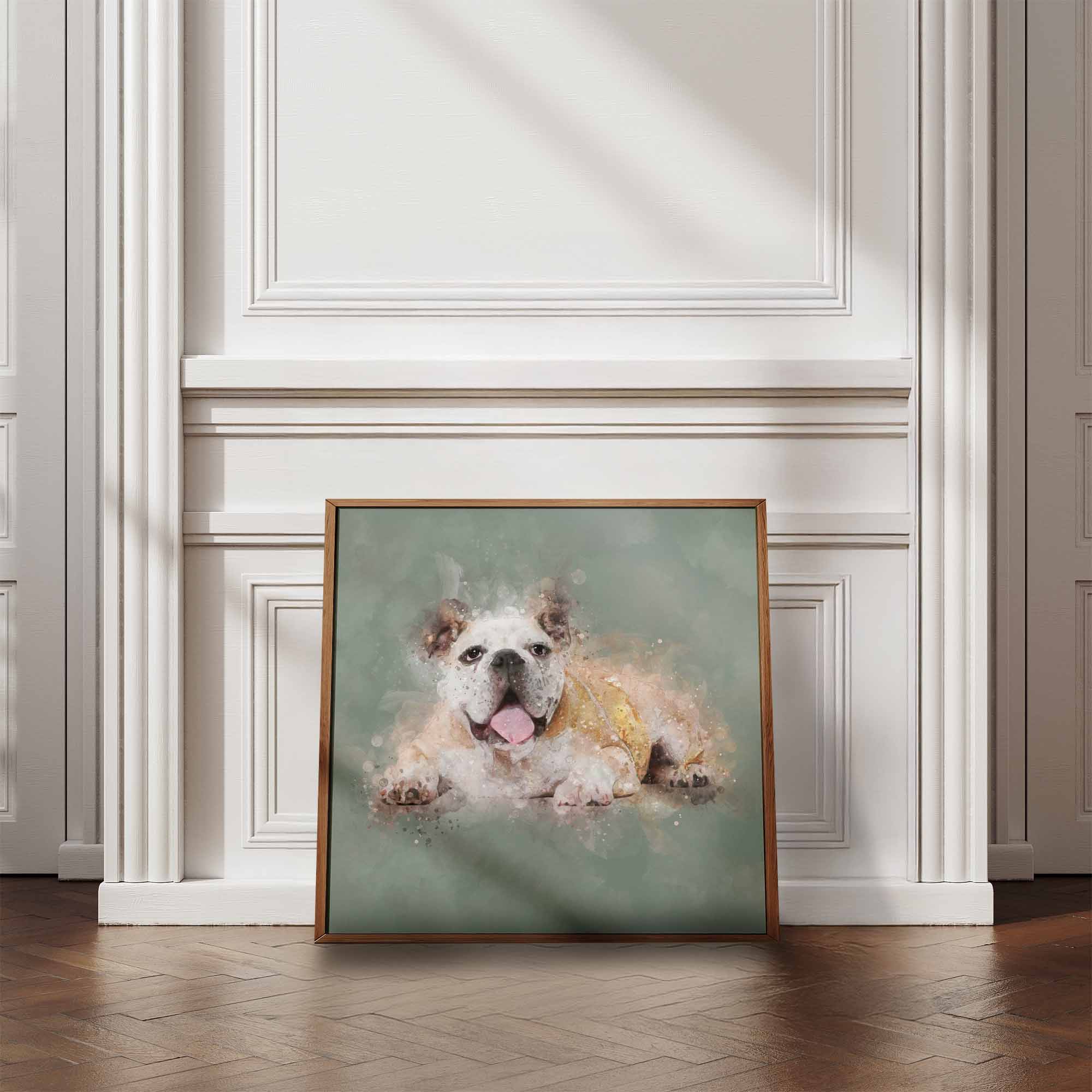 Framed artwork of an English bulldog dog on a wall in a room with wooden flooring and white walls.