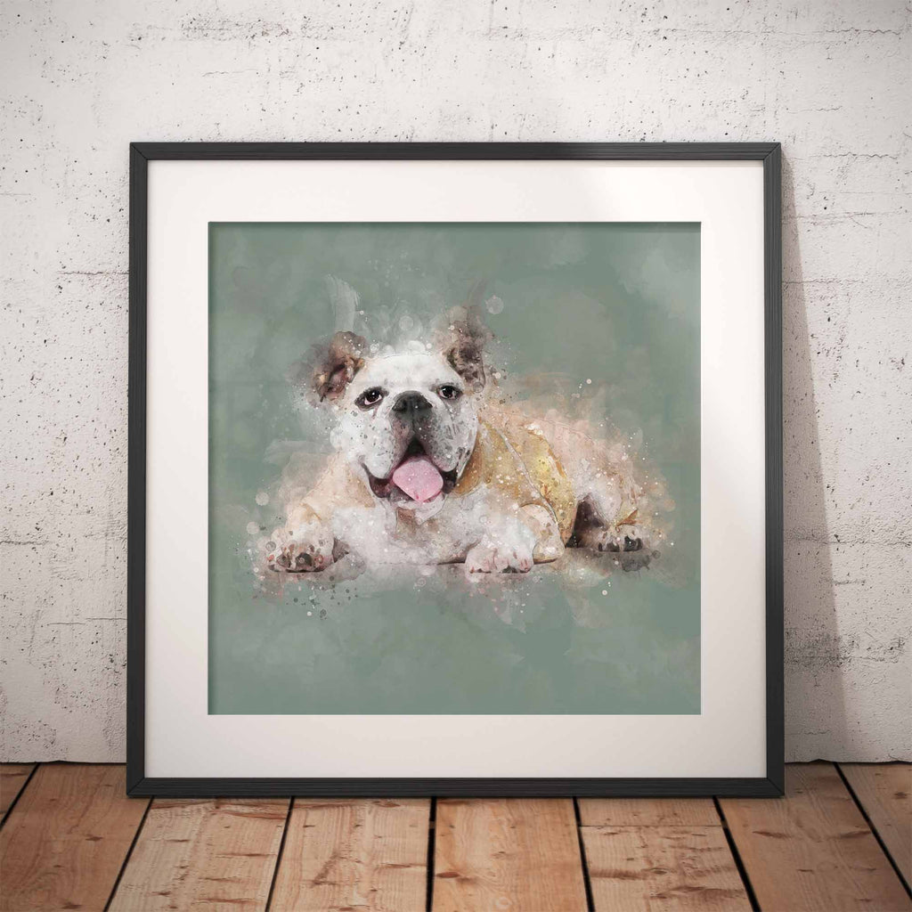 Framed artwork of an English Bulldog dog on a gray background, leaning against a textured wall.