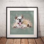 Framed artwork of an English Bulldog dog on a gray background, leaning against a textured wall.