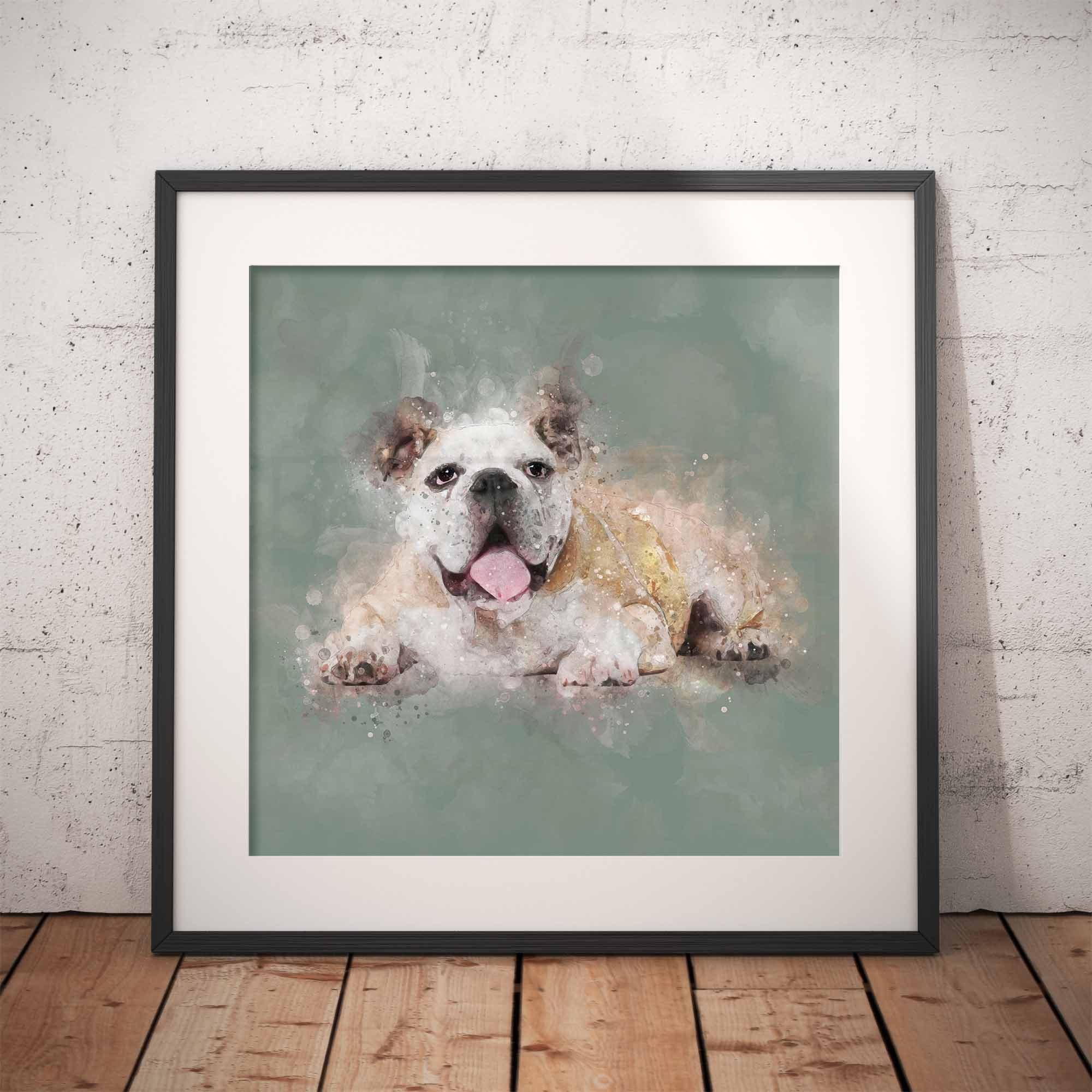 Framed artwork of an English Bulldog dog on a gray background, leaning against a textured wall.