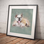 Framed artwork of an English Bulldog, leaning against a textured white wall.