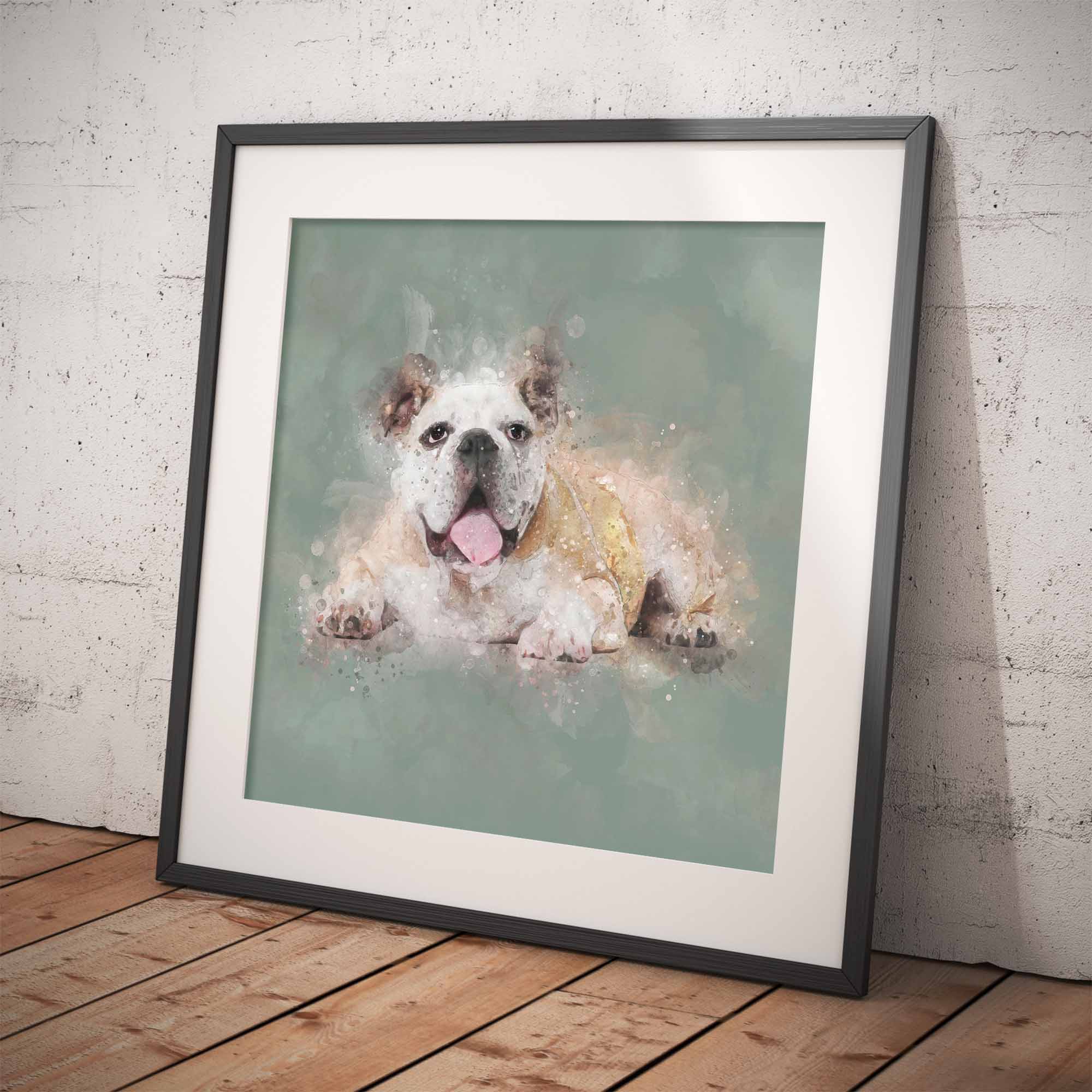 Framed artwork of an English Bulldog, leaning against a textured white wall.