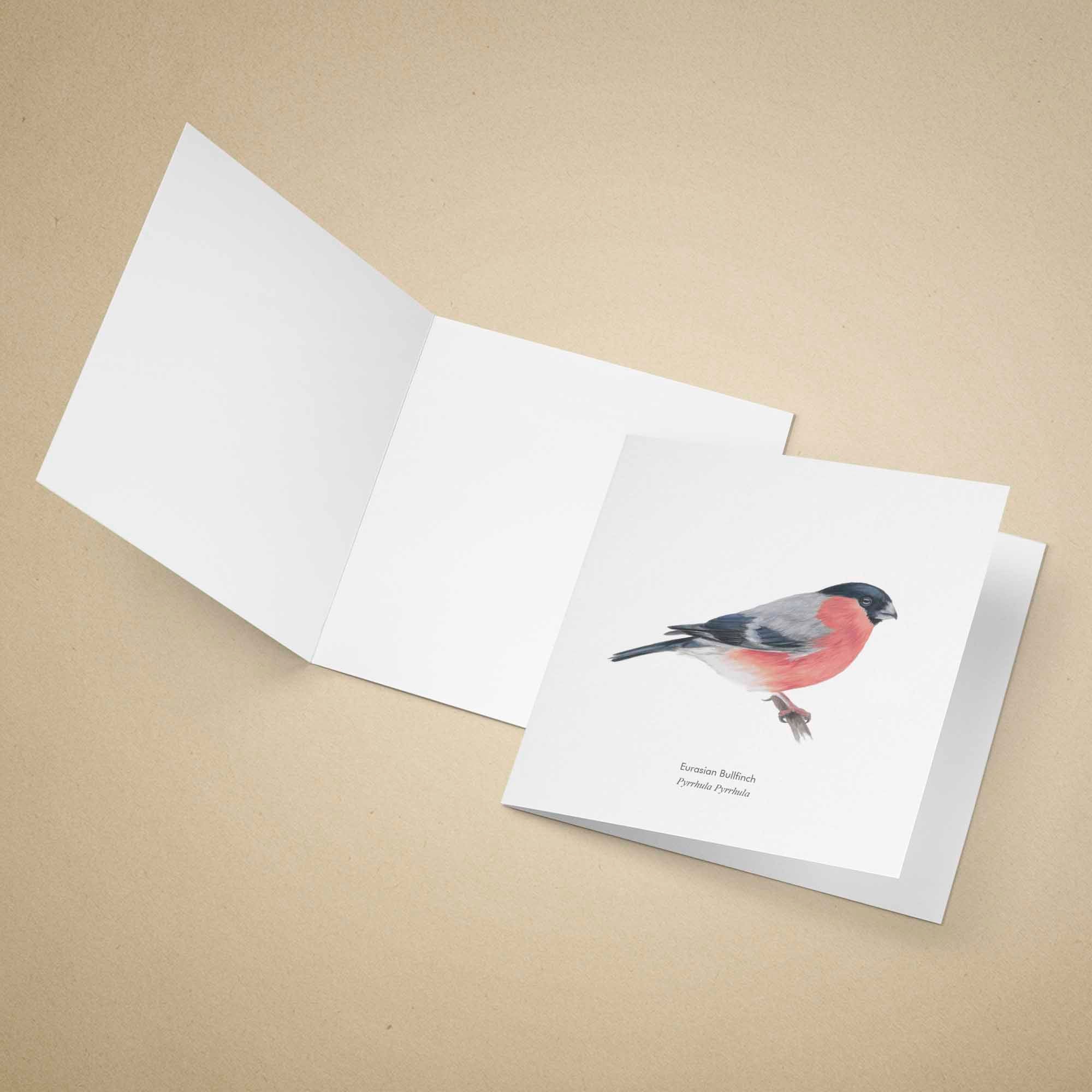 Greeting card with n Eurasian Bullfinch illustration on a beige background