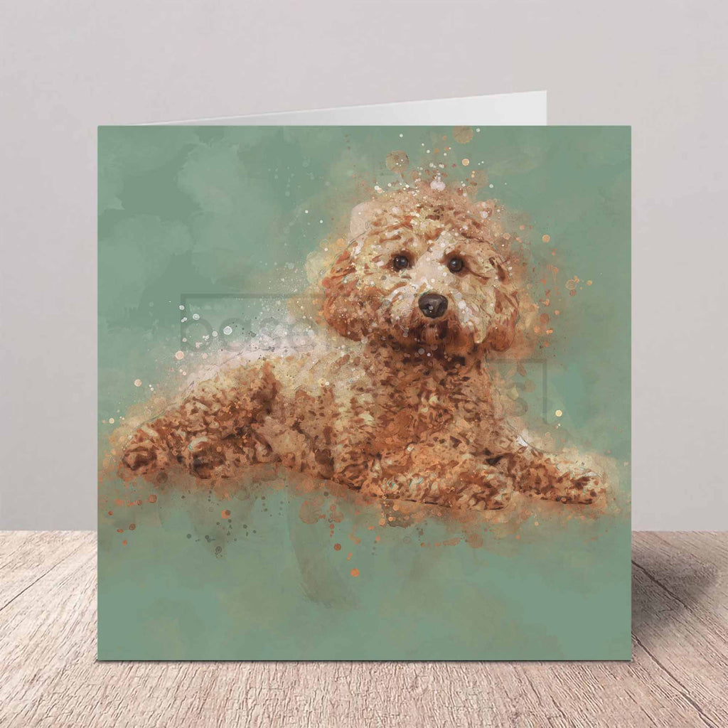 Greeting card with a watercolour illustration of a Cavapoo dog on a gray background