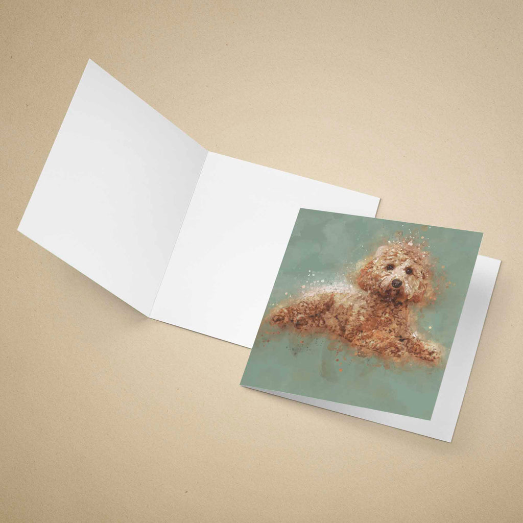 Greeting card with a Cavapoo dog illustration on a beige background
