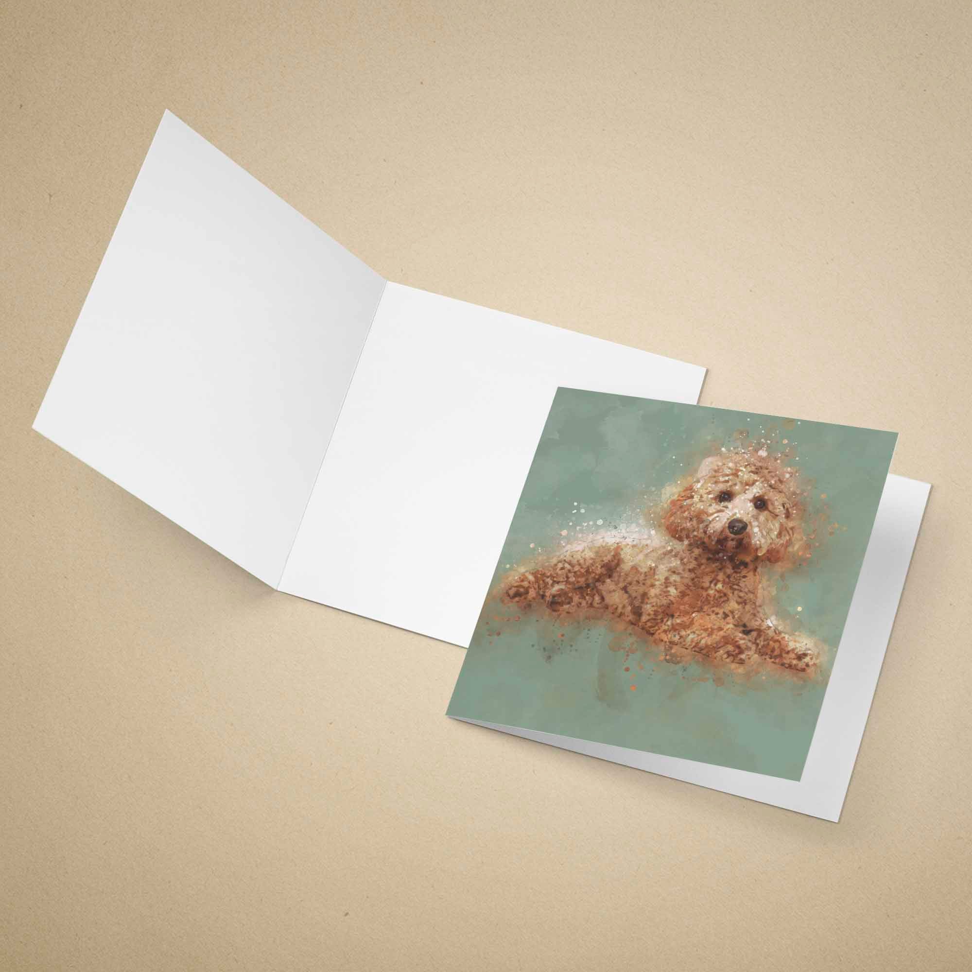 Greeting card with a Cavapoo dog illustration on a beige background