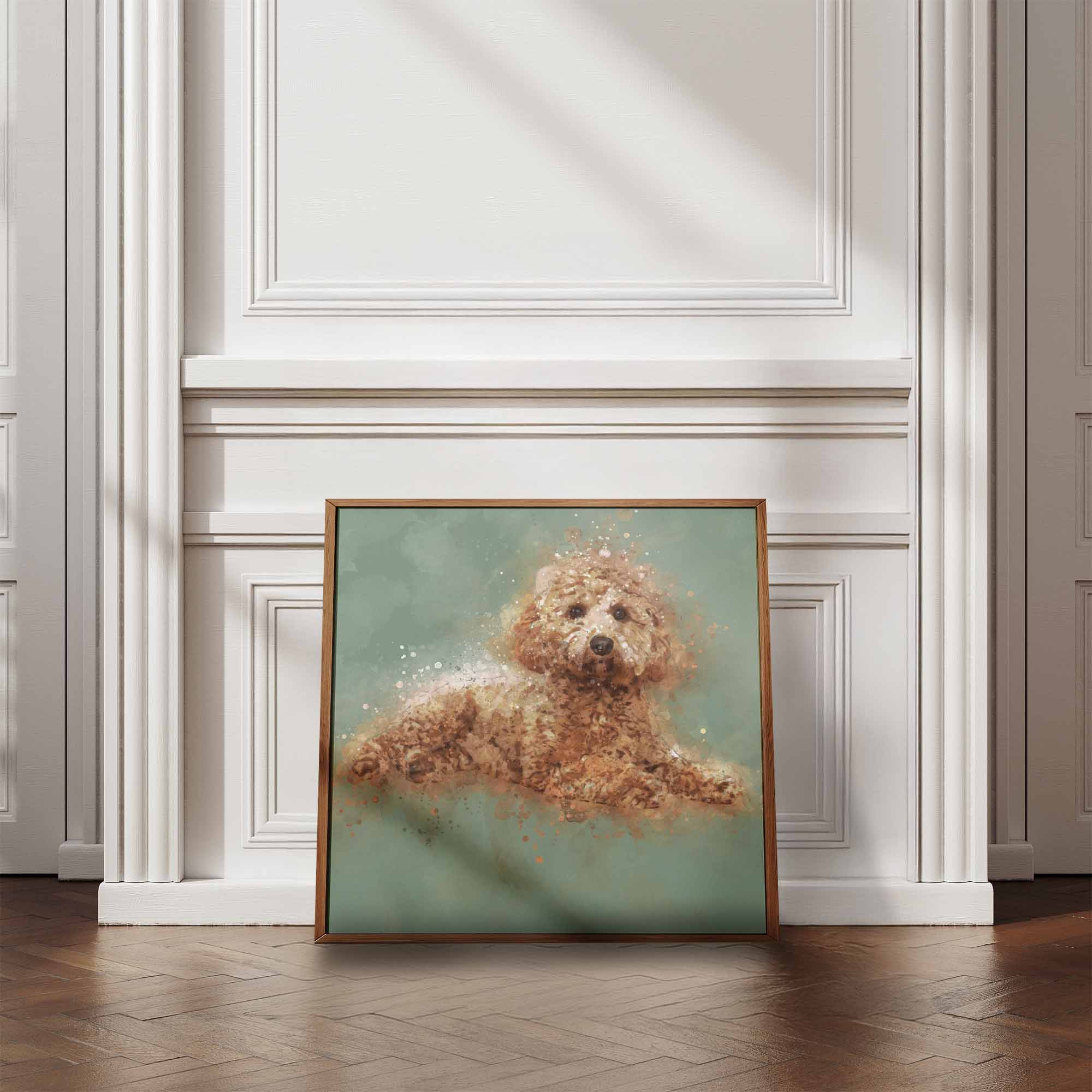 Framed artwork of a Cavapoo dog on a textured wall and wooden floor.