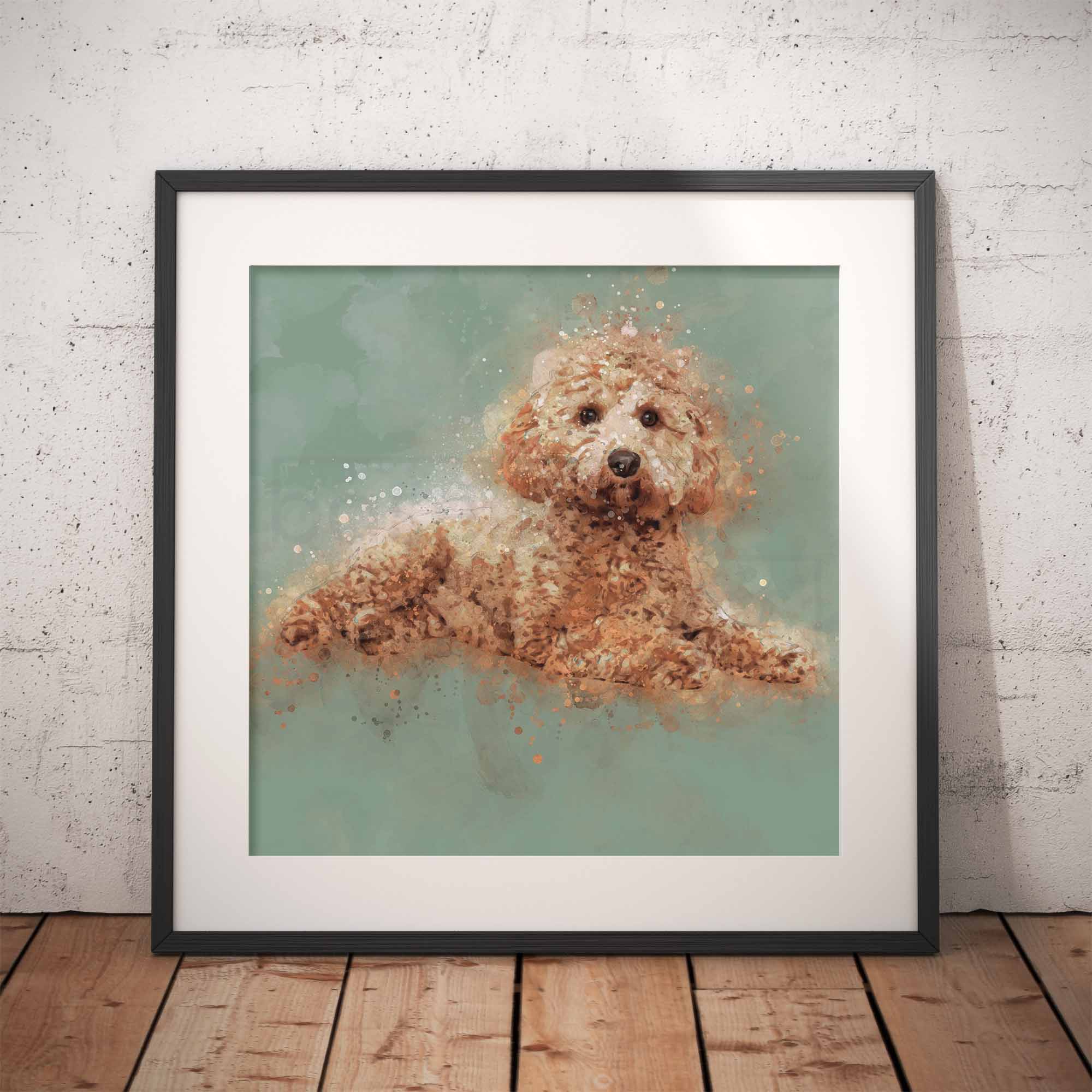 Framed artwork of a Cavapoo Dog on a textured wall.