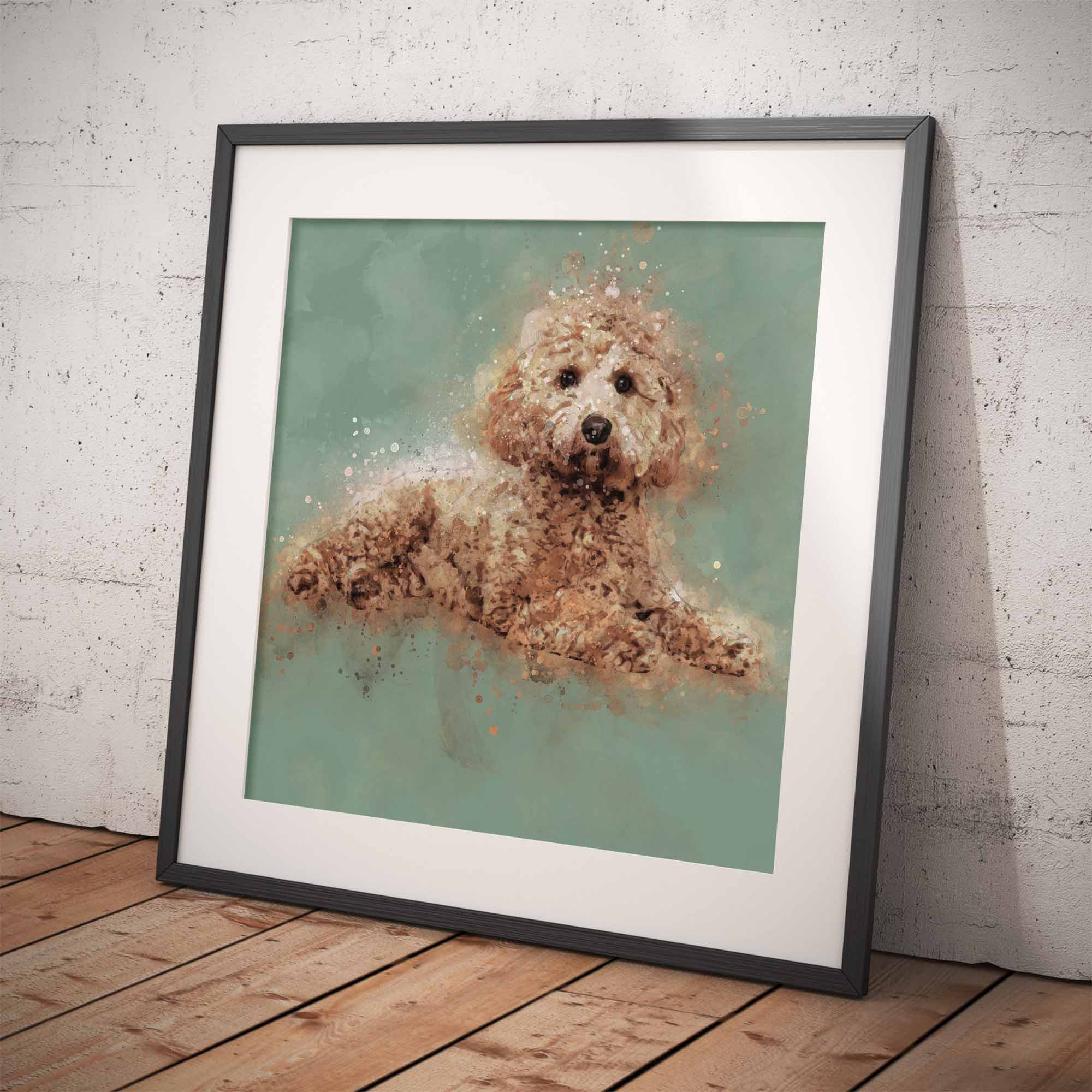 Framed artwork of a Cavapoo dog on a green background against a white brick wall.