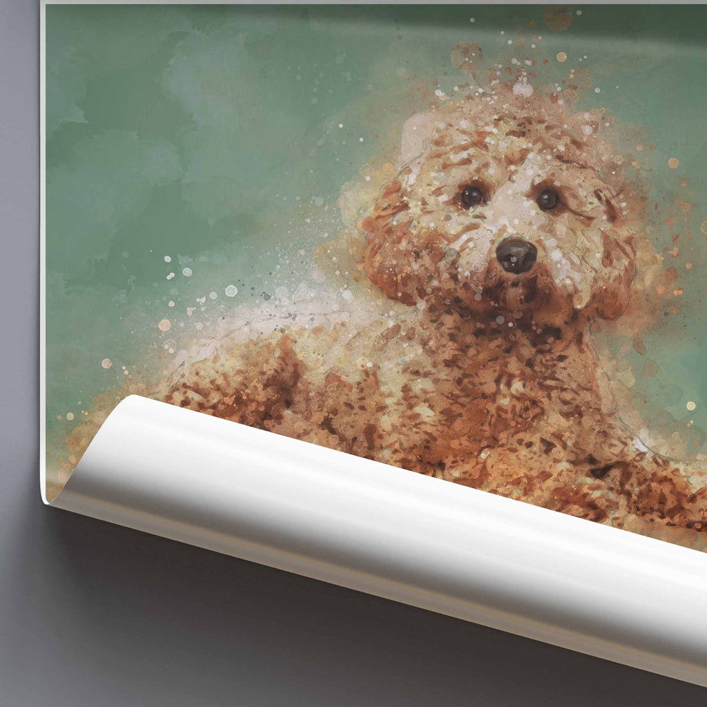 Rolled poster of a Cavapoo dog with a watercolour texture on a green background.